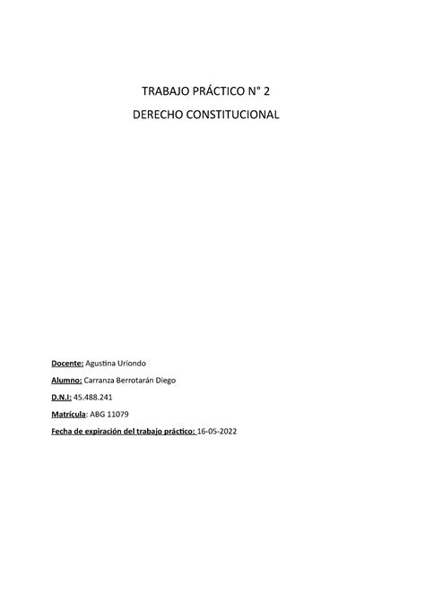 Tp Constitucional Trabajo Pr Ctico N Derecho Constitucional