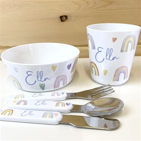 Personalised Kids Dinner Set Watercolour Rainbows Cute Plastic Bowl