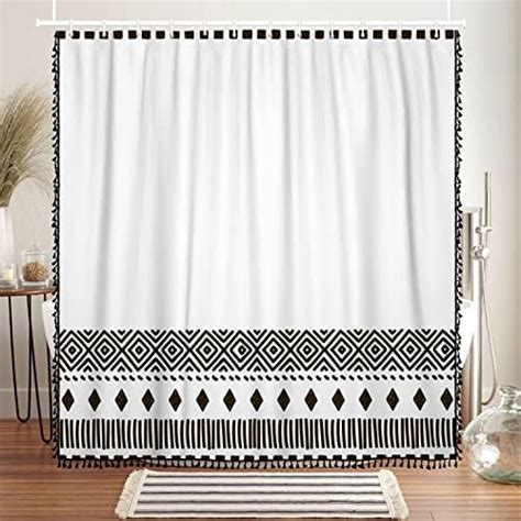 Yokii Tassel Fabric Shower Curtain Black And Cream Stripe