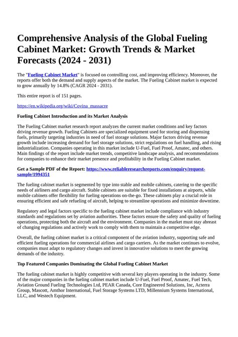 Reportprime Comprehensive Analysis Of The Global Fueling Cabinet