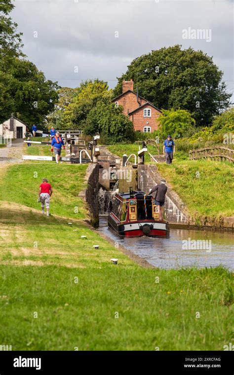 Canal Narrowboat Passing Through Hurleston Locks Cheshire On The