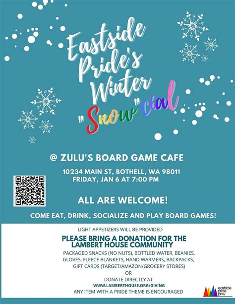 Eastside Pride Winter Snowcial Zulus Board Game Cafe Zulus Board