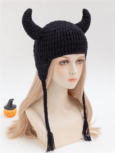 Black Knitted Hat With Horns