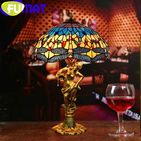 Fumat Tiffany Table Lamps European Barock Style Stained Glass Desk Lamp Alloy Jewel Dragonfly