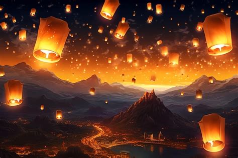 Premium AI Image | Flying lanterns in the night sky during the diwali ...