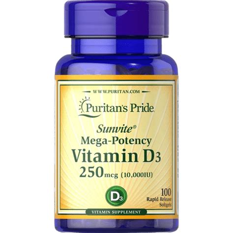 Puritans Pride Sunvite Mega Potency Vitamin D3 250mcg 10 000 IU 100