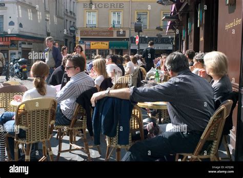 Paris France People Relaxing Parisian Street Café Scene Crowded