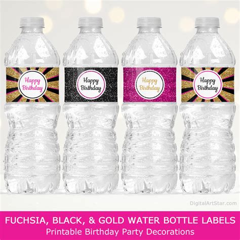 Happy Birthday Water Bottle Labels Printable Fuchsia Gold And Black