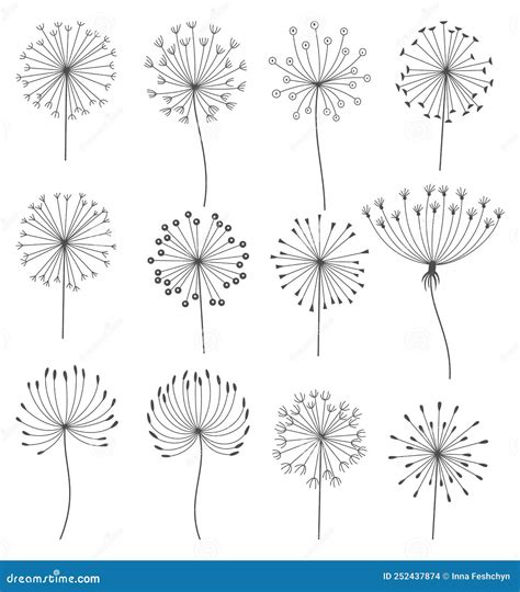 Dandelion Flowers Set In Black Linear Style Nature Floral Hand Drawn