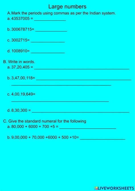 Large Numbers Class 5 Online Exercise For Live Worksheets