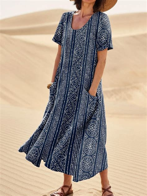 Batik Style Pattern Printed Women S Linen Pocket Dress