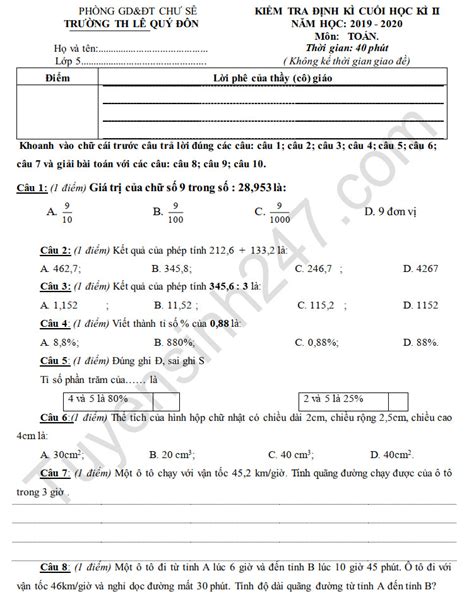 Đề thi học kì 2 năm 2020 Toán lớp 5 TH Lê Quý Đôn