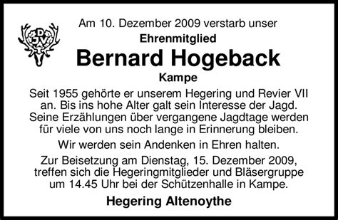 Traueranzeigen Von Bernard Hogeback Nordwest Trauer De