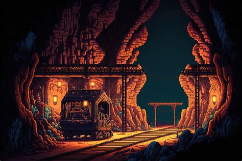 Premium Ai Image Pixel Art Mining Cave With Ore Carts Underground