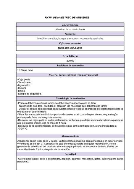 Ficha De Muestreo Ambiente Ficha De Muestreo De Ambiente Tipo De The