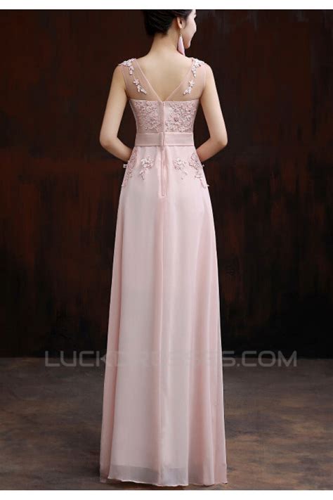 A Line Beaded Applique Long Pink Chiffon Prom Evening Formal Dresses