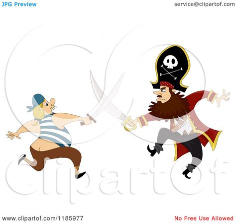 Cartoon Of A Pirate Captain Sword Fighting A Man Royalty Free Vector