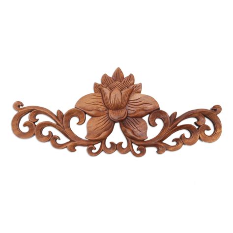 UNICEF Market Suar Wood Balinese Lotus Relief Wall Sculpture Single