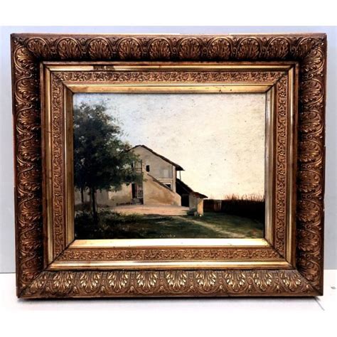 Antico Quadro Dipinto Olio Paesaggio Rurale Cascina Campagna Cortile