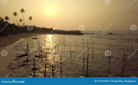 Aerial View Drone K Footage Of Traditional Stilt Fishing In Sri Lanka