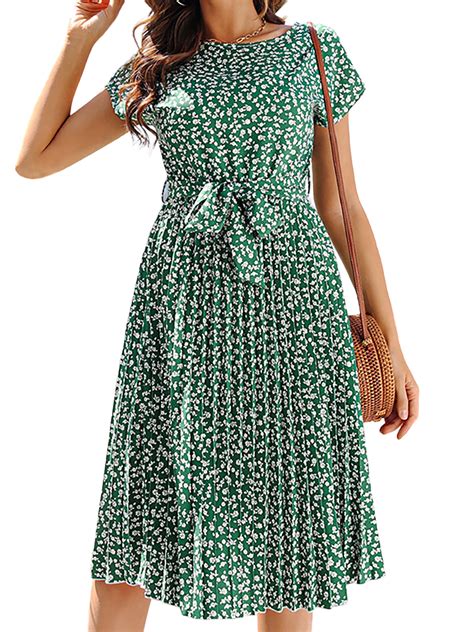 Dymade Women Boho Floral Pleated Midi Short Sleeve Dress