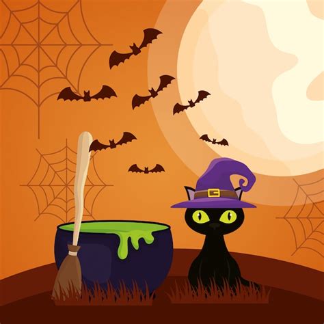 Free Vector Halloween Dark With Cauldron And Cat Character