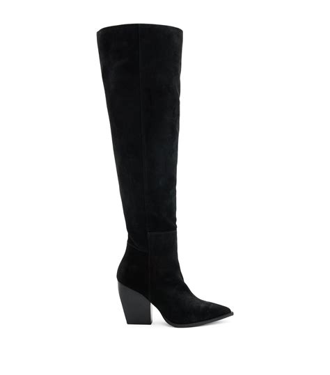 AllSaints Reina Pointed Toe Block Heel Suede Knee High Boots In Black