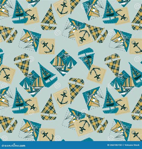 Nautical Marine Sailing Elements Patchwork Vintage Vector Seamless