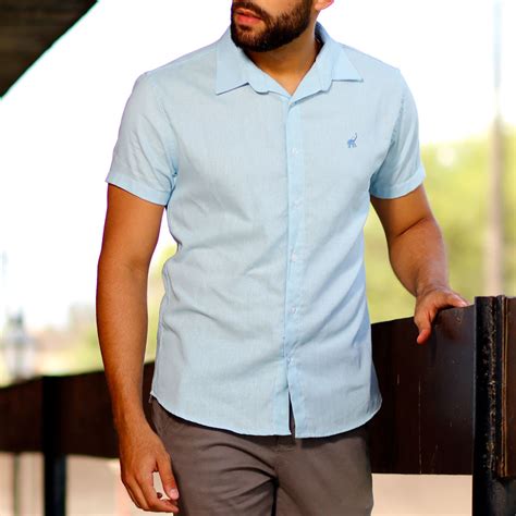 Camisa De Linho Masculina Azul Claro Bamborra