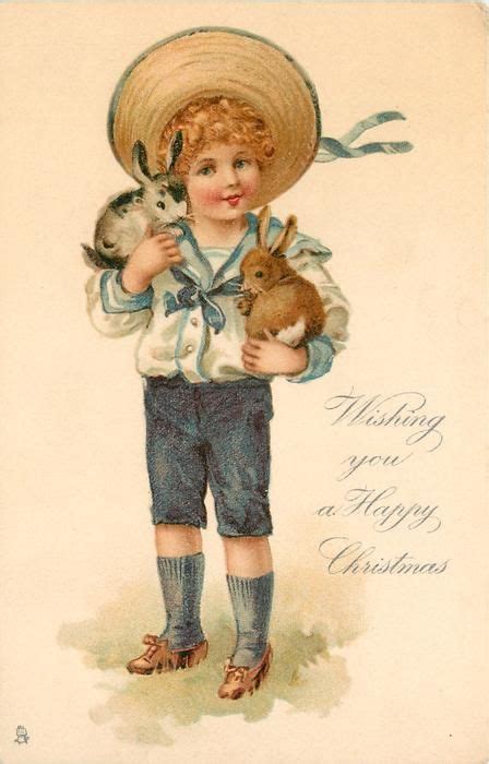 Wishing You A Happy Christmas Boy Holds Two Rabbits In His Arms