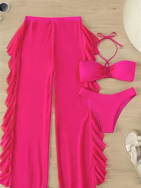 Piece Halter Cross Bikini Swimsuit Sexy Thin Pants Swimwear Women Solid Bathing