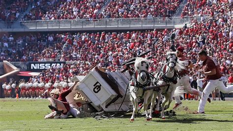 Oklahoma 'Sooner Schooner' horse-drawn wagon flips during game | FOX 5 DC