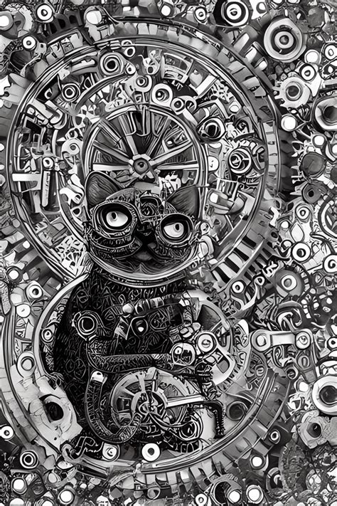 Black And White Steampunk Cat With Gears And Goggles · Creative Fabrica