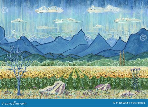 Field Of Sunflowers And Mountains Stock Illustration Illustration Of