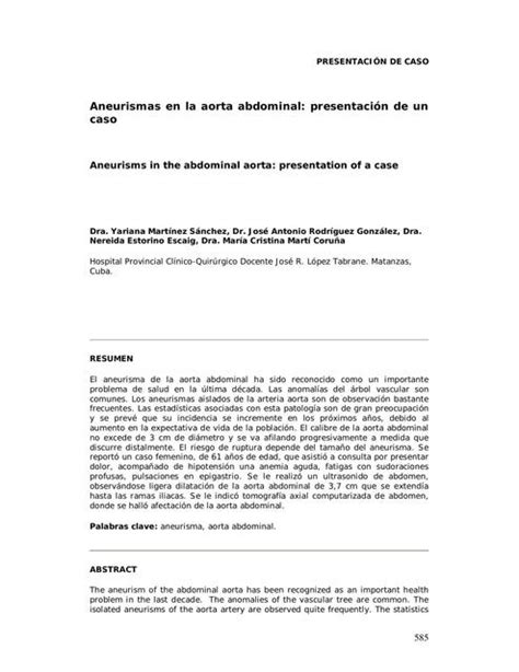 Aneurismas En La Aorta Abdominal Presentaci N De Un Caso Gineidy