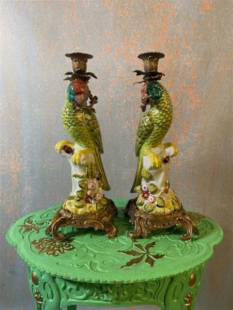 Antique Porcelain Parrot Candle Holders With Bronze Mounts Etsy