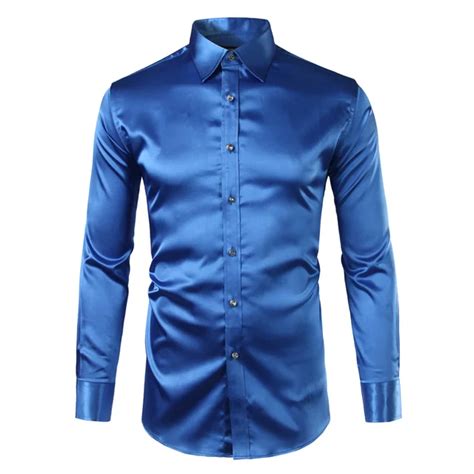 New Royal Bleu Satin De Soie Chemise Hommes Chemise Homme 2017 Mode Hommes Slim Fit Lisse Solide