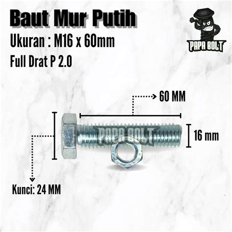 Jual Baut Mur Hexagon Putih M16 X 30 80mm Kunci 24 P 2 0 Shopee Indonesia