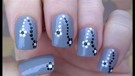 Easy Nail Art Designs 4 Diy Grey Nails With Black And White Dotting Tool Flowers Youtube