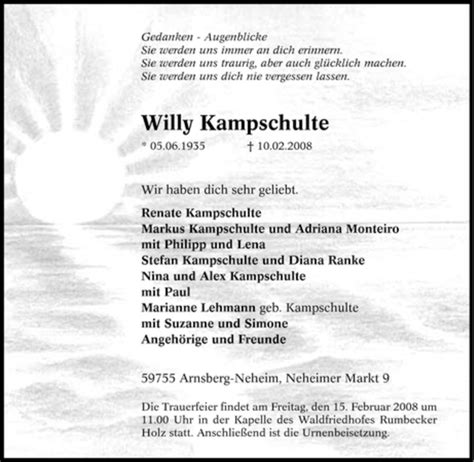 Traueranzeigen Von Willy Kampschulte Trauer In NRW De