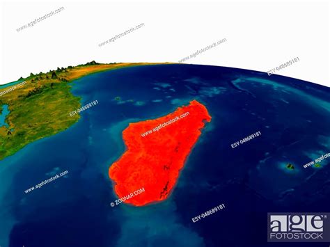 Madagascar Highlighted In Red On Detailed Model Of Planet Earth Stock