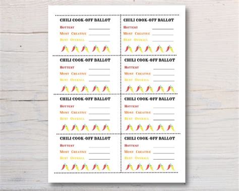 Chili Cook Off Voting Score Sheet Printable Instant Digital Download