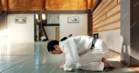 Premium Photo Asian Man Class And Bow In Dojo For Respect Greeting Or