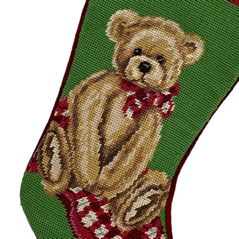 Wool Needlepoint Christmas Stocking Teddy Bear Holiday Plaid Green