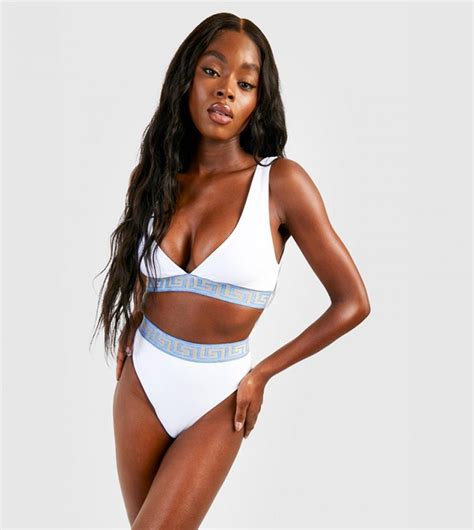 Buy Boohoo Geo Tape Color Block High Waist Bikini Set In White