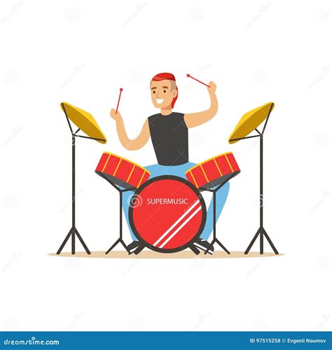 Young Man Playing on Drums, Guy Behind the Drum Kit Vector Illustration ...