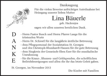 Traueranzeigen von Lina Bäuerle Schwarzwälder Bote Trauer