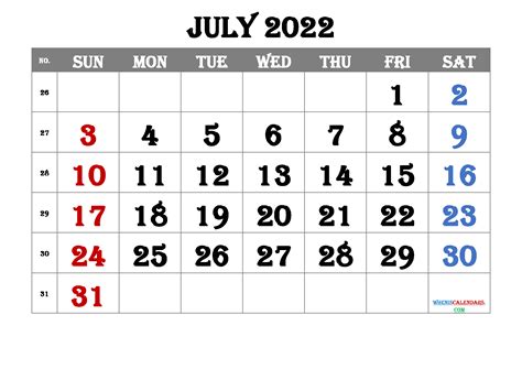 Free Printable Calendar July 2022 With Week Numbers