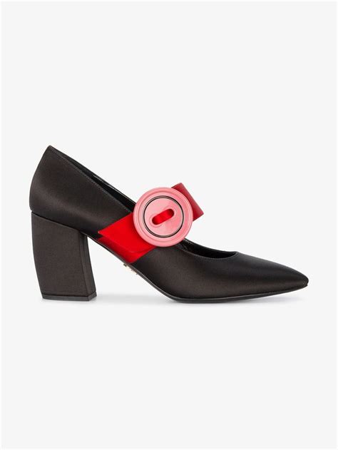 Prada Oversized Button Satin Mary Jane Pumps In Black Modesens