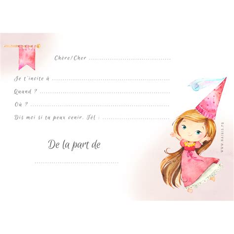 Lot 8 Cartes D Invitation Anniversaire Enfant Fille Princesse En Aquarelle